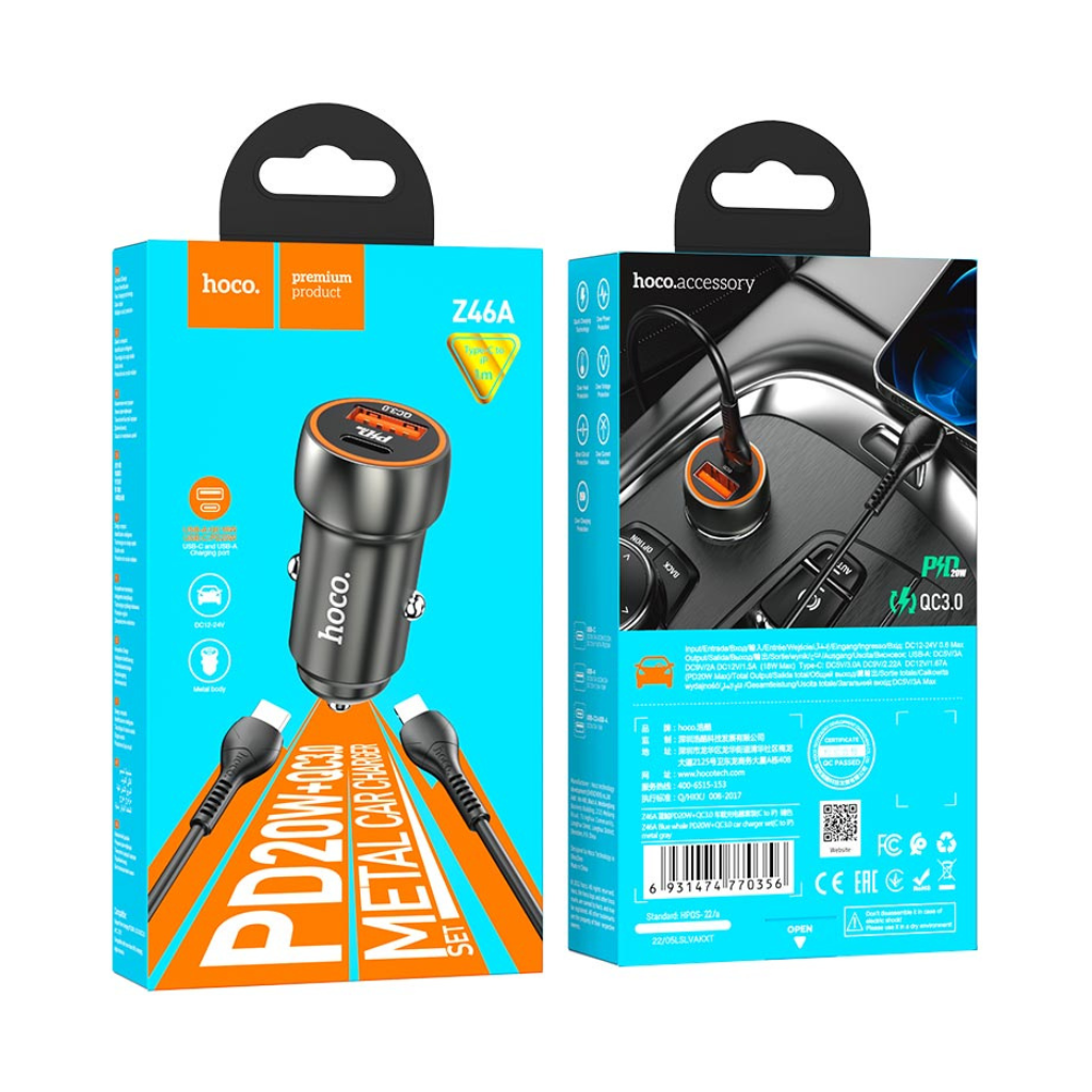 Hoco Z46A Blue Whale Car Charger with PD20W and QC3.0 Fast Charging